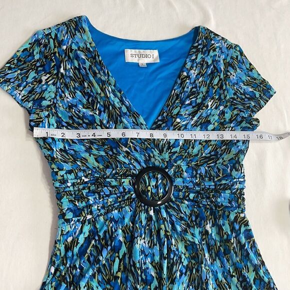 Studio I Blue Printed Ruched & Buckle Waistband Dress Sz 6 - Picture 11 of 16